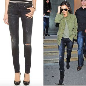 R13 Italy Distressed Skinny Jeans - Black Marble with Ripped Knees Sz 24 Stretch